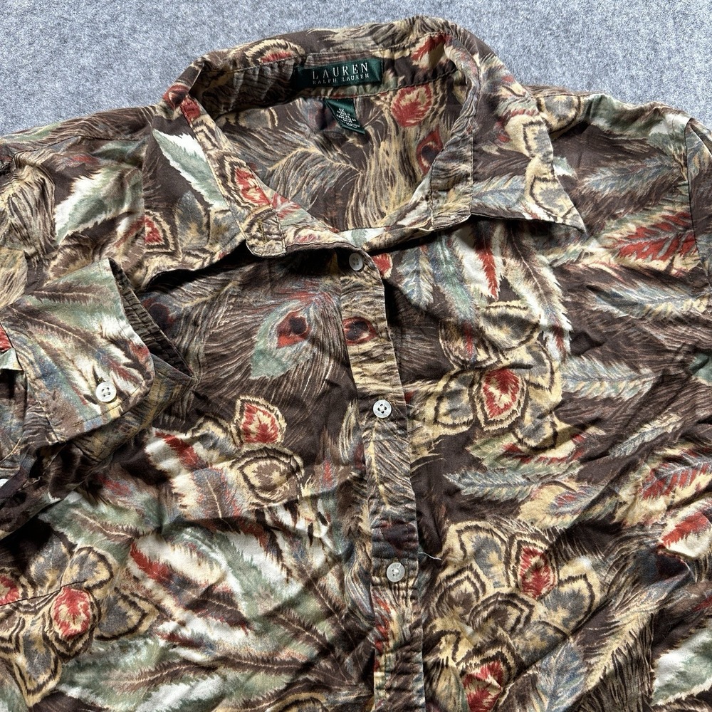 Lauren Ralph Lauren Button Down Shirt Womens 1X Brown Peacock‎ Feather Cotton